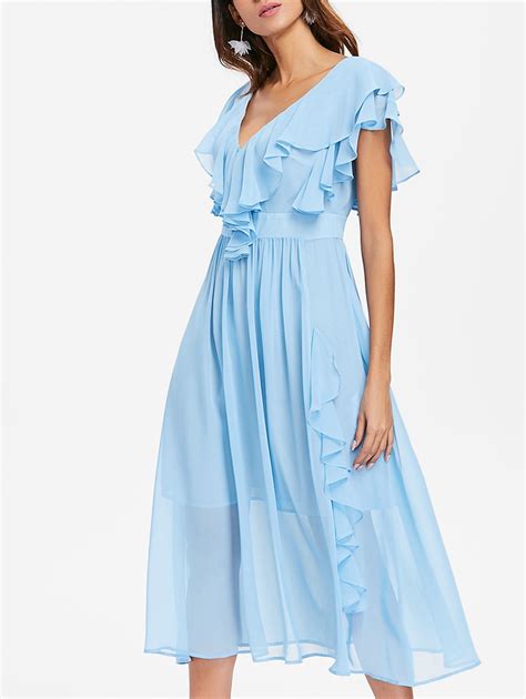 26 OFF Plunging Neckline Backless Ruffle Midi Prom Dress Rosegal