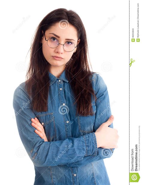 Elegant Girl With Glasses Crossed Hands Isolated Stock Image Image Of