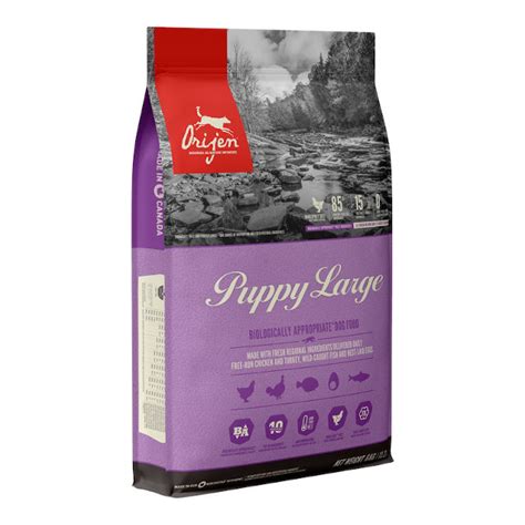 This dry food formula is packed with 85% meat inclusions from six different sources including (regionally sourced) chicken, turkey, flounder, atlantic mackerel and herring, and. Orijen Puppy Large - CB Pet Food & Supplies - Kitchener's ...