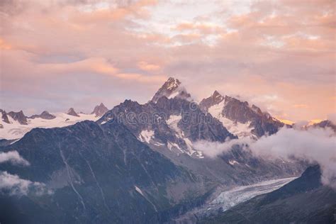 Cloudy Sunset Over Mont Blanc Mountain Range And Glacier Stock Image