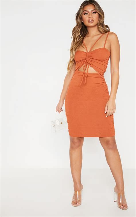 Burnt Orange Ribbed Ruched Bust Detail Cut Out Bodycon Dress