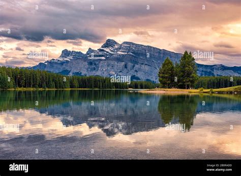 Mount Rundle Reflection On Two Jack Lake In Evening At Banff National