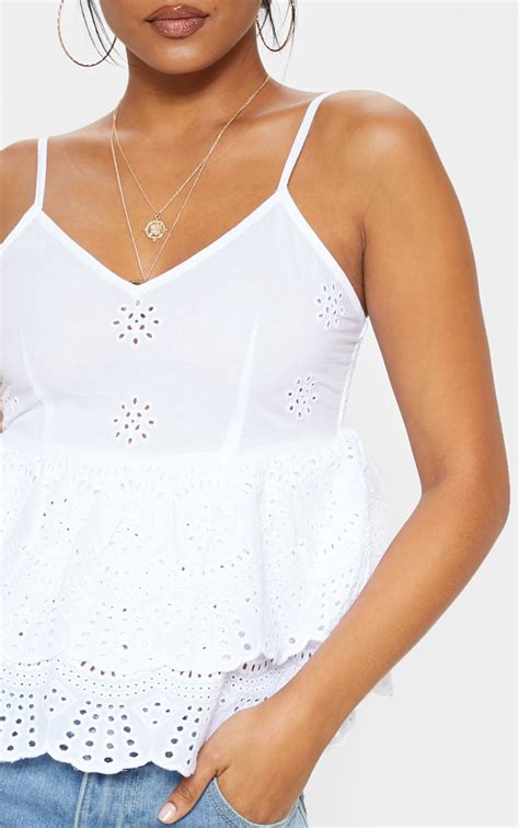 White Broderie Anglaise Frill Hem Cami Top Prettylittlething Ca