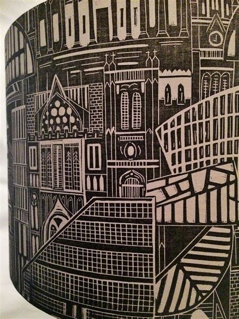Manchester Architecture Lampshade Lino Printed Black On To Grey Cotton