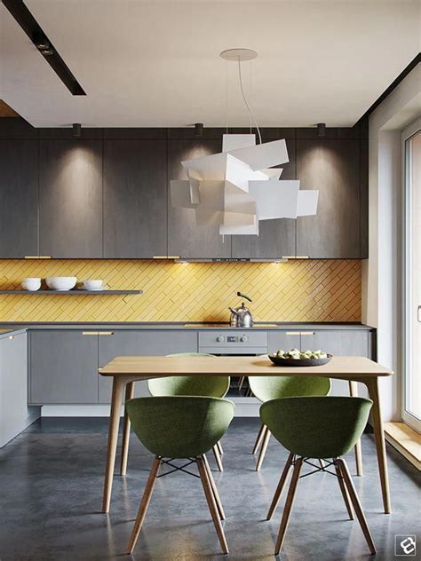 A vintage kitchen with grey cabinets, yellow walls, shelves with artworks and some vintage accessories is very elegant. Contemporary kitchen interior with iron grey flat panel cabinets, yellow ceramic tile backsplash ...