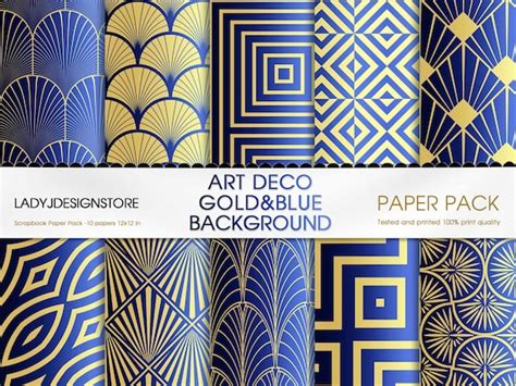 Art Deco Digital Paper Seamless Retro Art Deco Patterns Blue And Gold