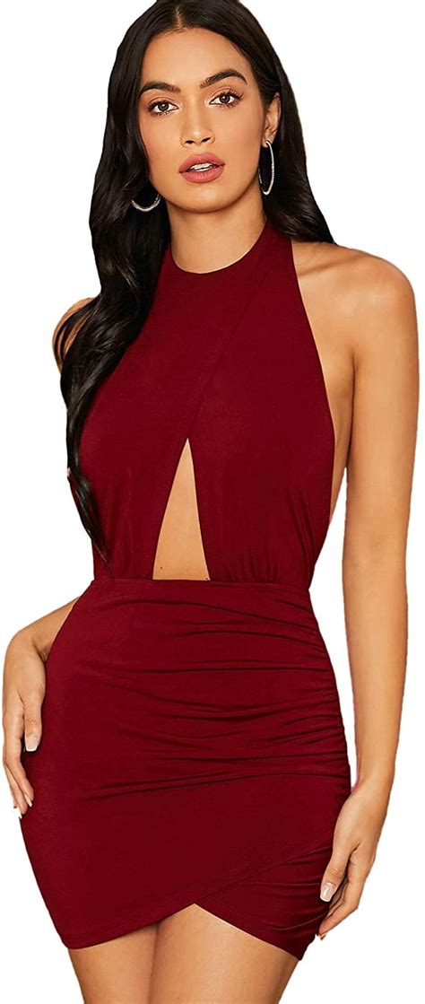 shein women s sexy halter ruched bodycon backless wrap party cocktail mini dress ebay