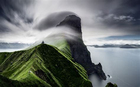 Download Wallpapers Faroe Islands 4k Lighthouse Fog Mountains