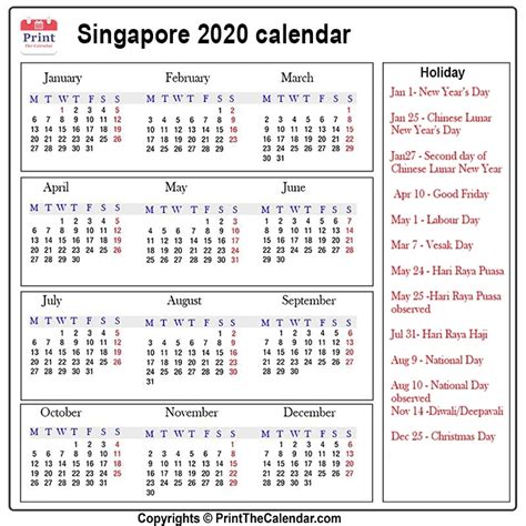 Singapore Calendar 2020 With Public Holidays Printable Walden Wong