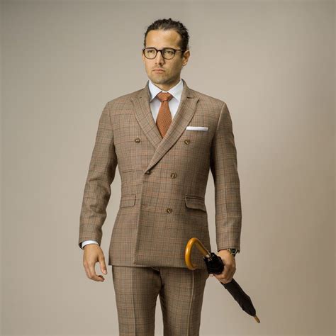 Three Piece Double Breasted Suit In Light Brown Glen Check Tailor Store®
