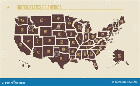 mapa vintage detallado de los estados unidos de américa dividido en estados individuales con las