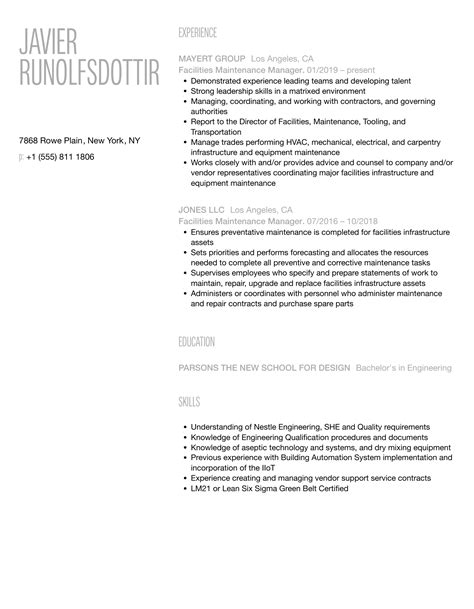 Facilities Maintenance Manager Resume Samples | Velvet Jobs