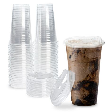100 Pack Disposable Strawless Plastic Cups With Lids 24 Oz Clear