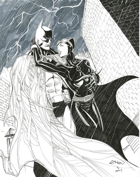 Batman And Catwoman Kissing In The Rain With Lightning Behind Them