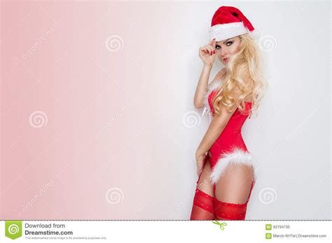 Beautiful Blonde Female Model Snowflake Dressed As Santa Claus Erotic Red Lingerie With White