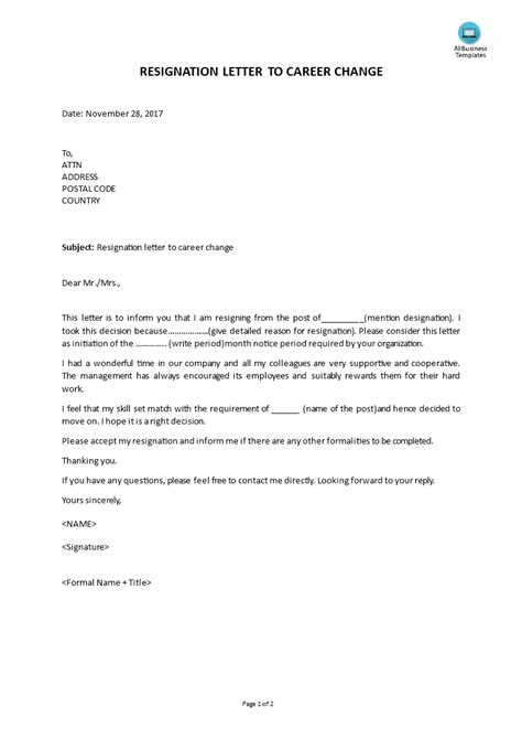 Resignation Letter For Career Change Templates At