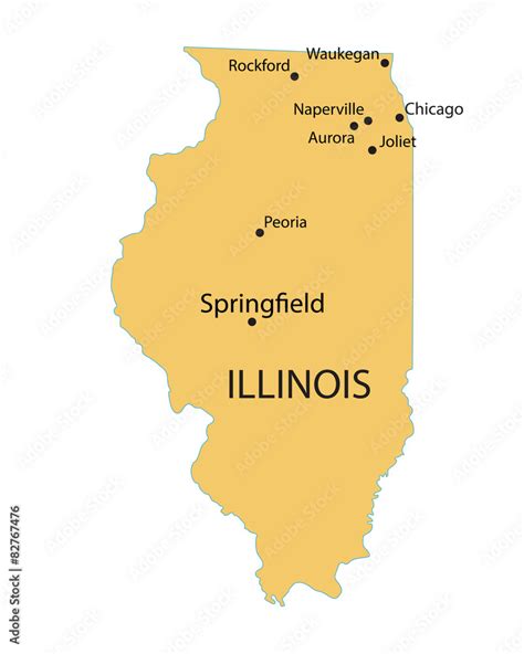 Yellow Map Of Illinois With Indication Of Largest Cities Stock Vector