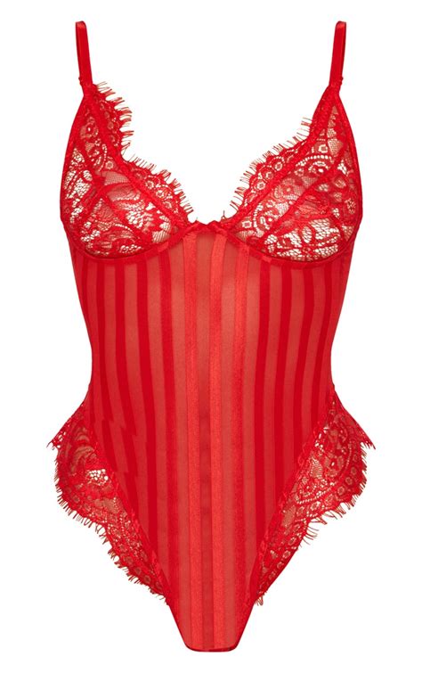 Red Striped Lace Bodysuit Prettylittlething Qa