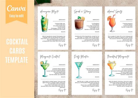 Cocktail Recipe Card Template Canva Drink Recipe Cards Etsy Uk