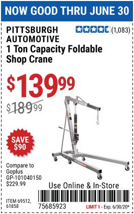 Perfect for use in the garage, shop or farm. PITTSBURGH AUTOMOTIVE 1 Ton Capacity Foldable Shop Crane for $139.99 - Harbor Freight Coupons