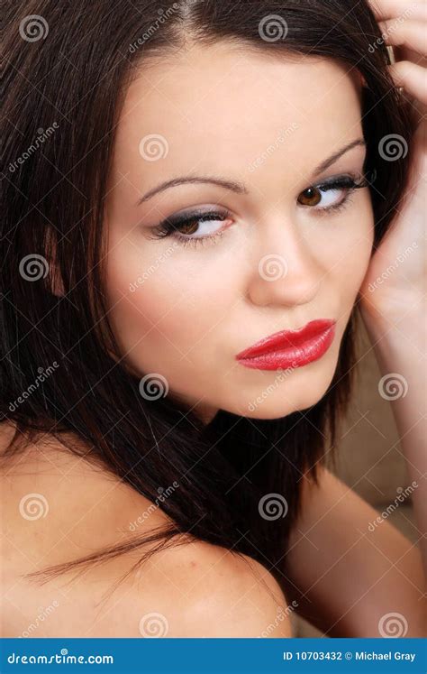 Headshot Of Brunette With Red Lipstick Stock Photo Image Of Brunette