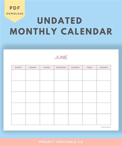 Undated Monthly Calendar Printable Sunday Start Horizontal Etsy