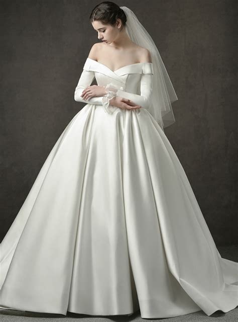 Ivory White Ball Gown Satin Off The Shoulder Long Sleeve
