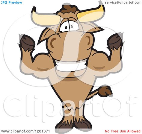 Clipart Of A Happy Bull School Mascot Character Standing And Flexing His Muscles Royalty Free