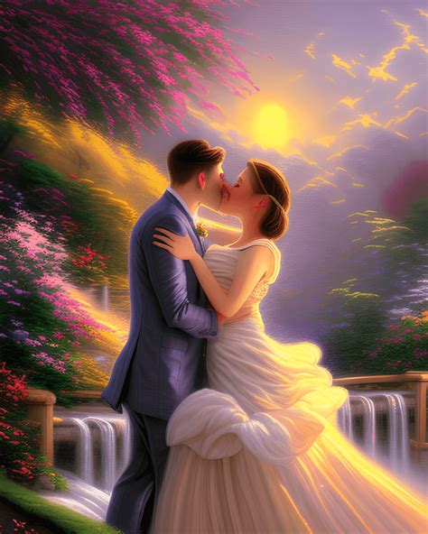 Thomas Kinkade Style Painting Romantic Sunset At The Waterfall Park
