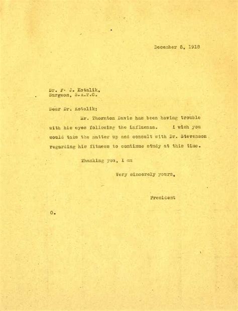 Letter From President Lindley To Dr Kotalik December 6 1918 1918