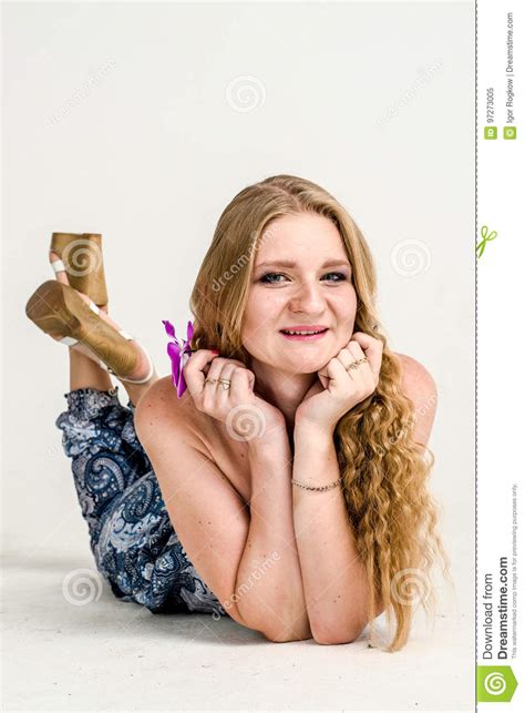 Beautiful Romantic Girl Blonde In Summer Dress With Orchid Flower Stock Image Image Of Fashion