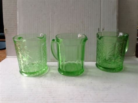 3 Hazel Atlas Green Depression Glass Pitchers Creamers Antique Price