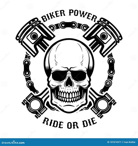 Biker Power Ride Or Die Human Skull With Crossed Pistons Design
