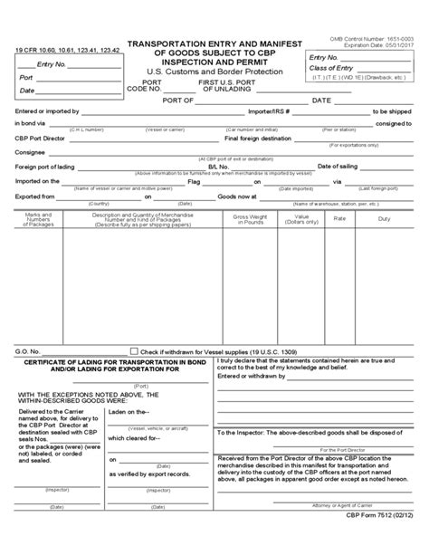 Cbp Form 7512 Transportation Entry And Manifest Of Goods Free Download