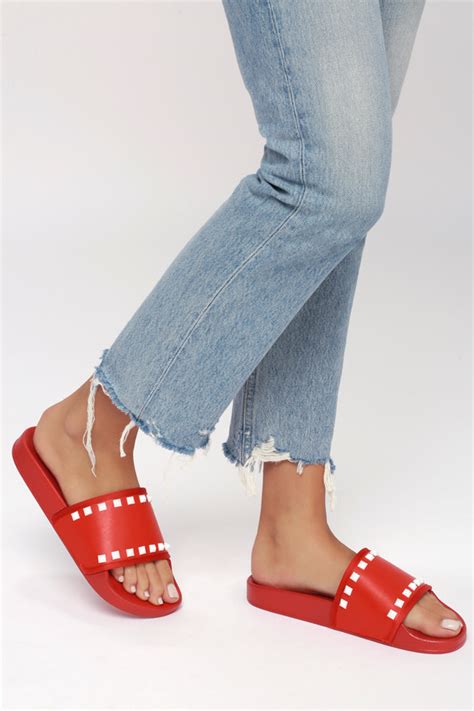 Cool Slide Sandals Studded Slides Red Slides Lulus