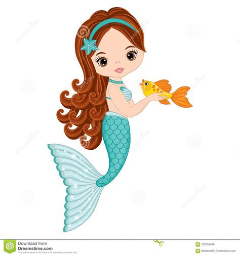 Vector Cute Little Mermaid With Fish Vector Mermaid Stock Vector