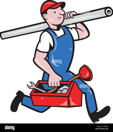 Illustration Of A Plumber Carrying Pipe And Toolbox Running Done In