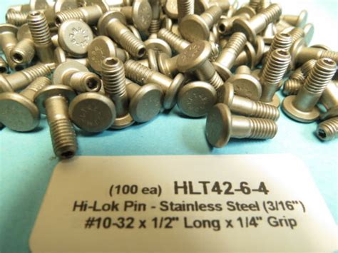100 Stainless Steel 316” 10 32 X ½” Long Hi Lok Aerospace Pin Bolt