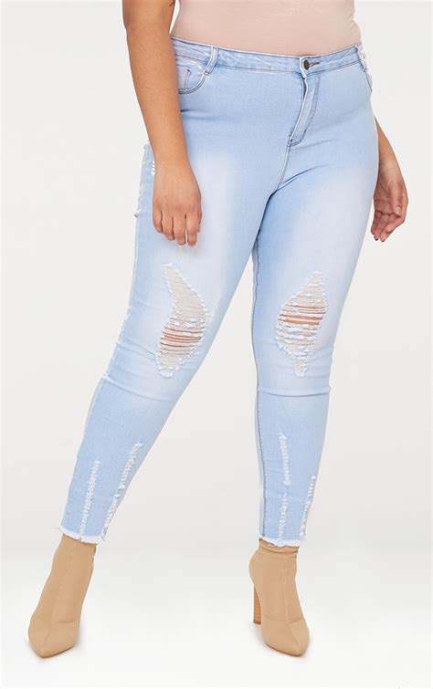Plus Light Wash Distressed Skinny Jeans Prettylittlething