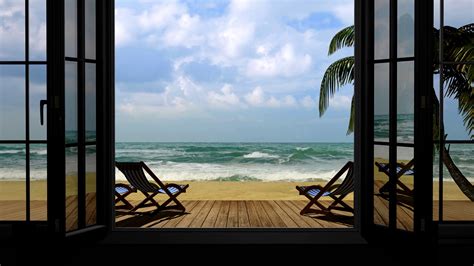 View Through Window On Sea Palm Trees Near Stock Motion Graphics Sbv