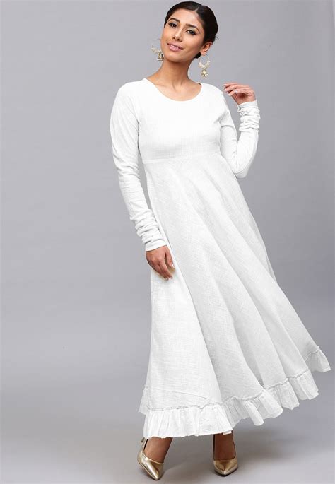 Solid Color Cotton Slub Ruffled Maxi Dress In Off White Tve566
