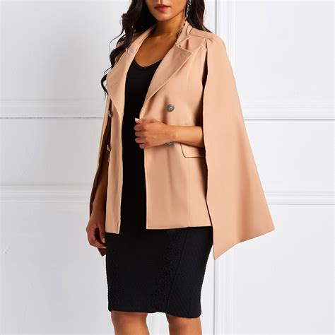 cape coat women autumn button slim stylish vintage cloak jacket solid simple elegant office wear