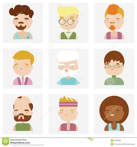 Cute Male Character Faces Flat Icons Stock Vector