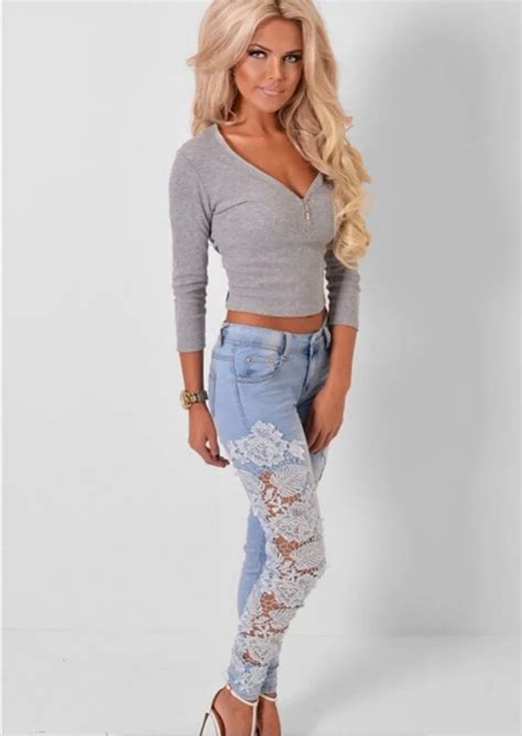 Cainikaier The Explosion Of European And American Style Sexy Lace Perspective Jeans Slim Pants