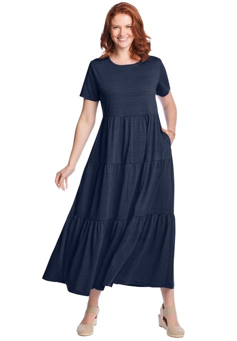Woman Within Woman Within Women S Plus Size Short Sleeve Tiered Dress 14 16 Navy Blue