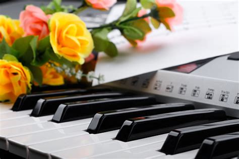 Fragment Of Electronic Synthesizer Keyboard With Flowers And Music