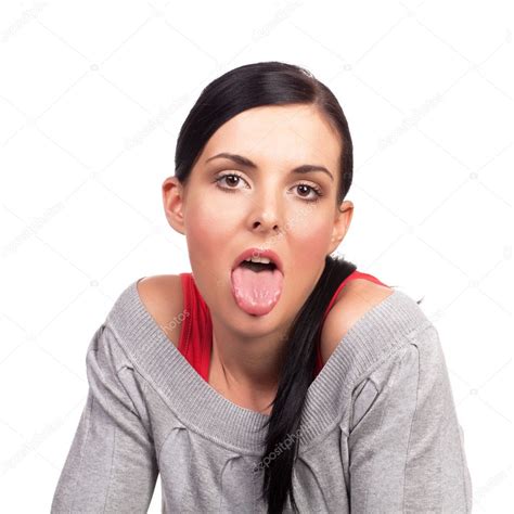Young Beautiful Lady Showing Her Tongue — Stock Photo © Frantysek 7600743