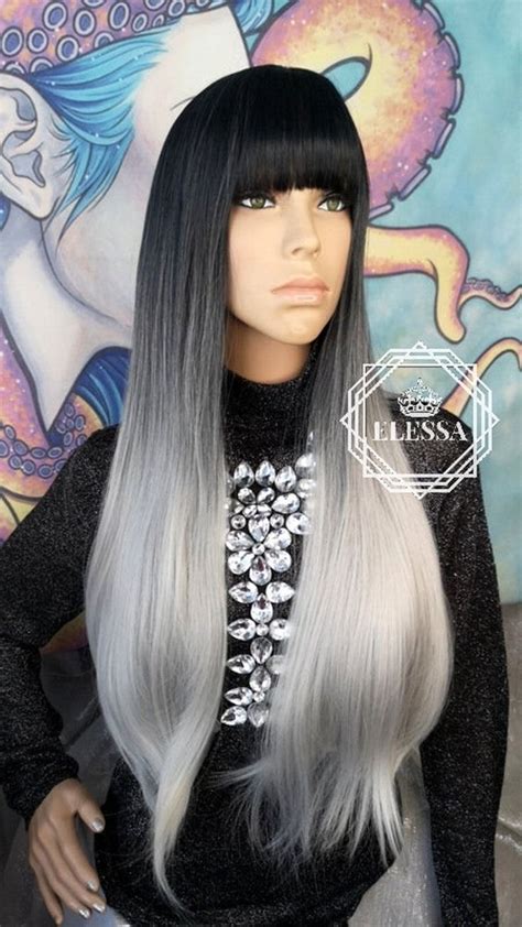 Long Straight Ombre Black And Light Grey Color Wig With Bangs Etsy