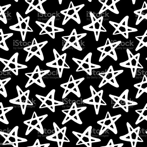 White Ink Sketch Stars Isolated On Black Background Cute Monochrome