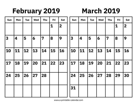 February And March 2019 Calendar Printable Calendar 2019
